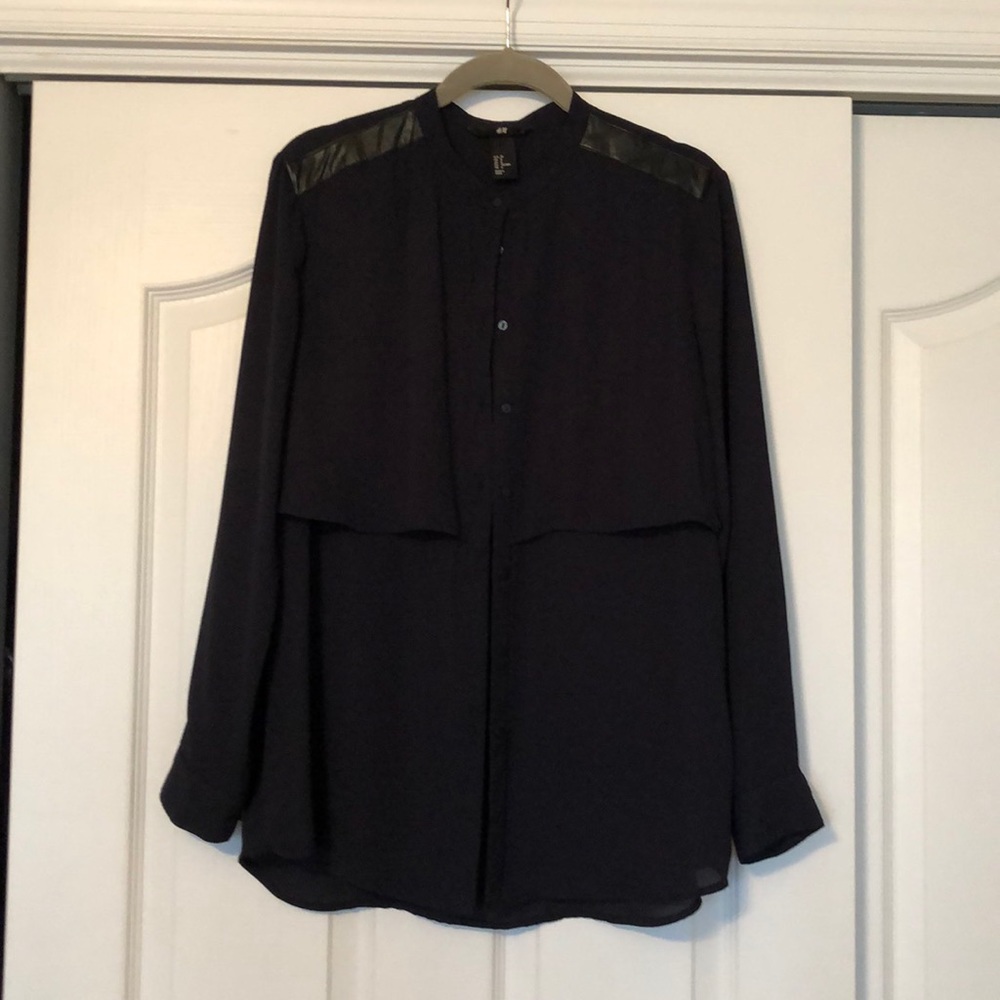 H&M navy blouse w/ faux leather shoulder detailing